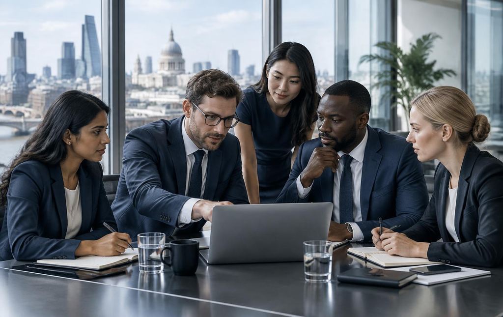 A professional team collaborating in an operations office